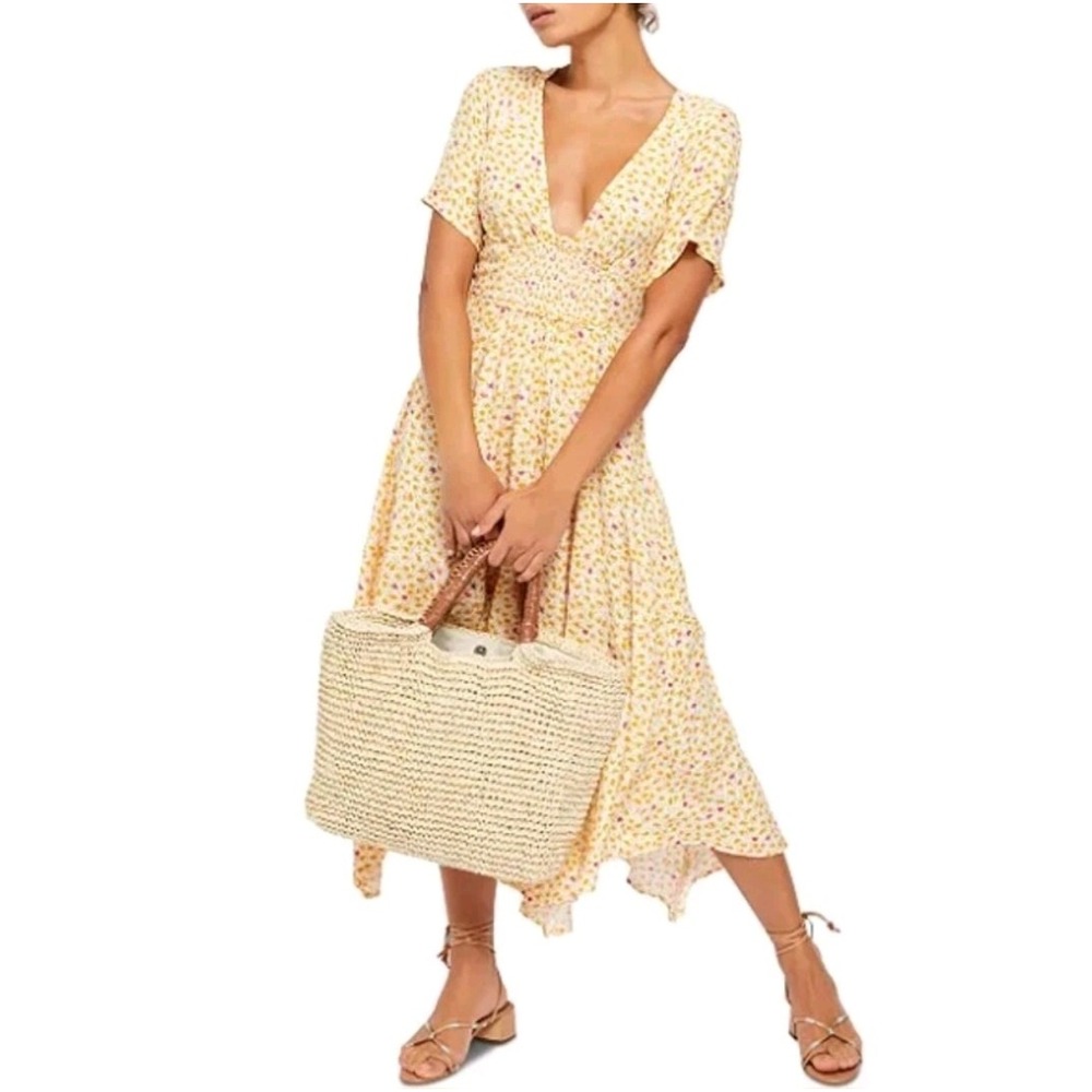 Free People Rare Feelings Maxi Dress Ivory Floral Smocked V-Neck OB1078725 Mens